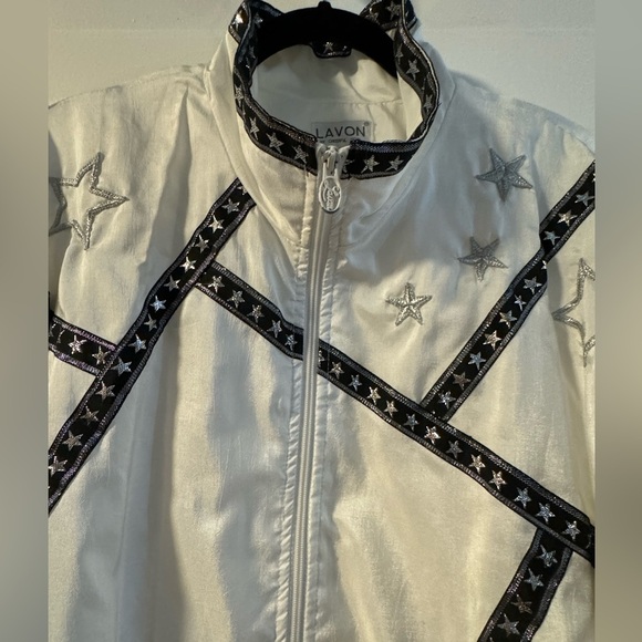 Lavon 80’s Silver & Black Shiny Embroidered Star Bomber Jacket Windbreaker LG - Picture 11 of 15